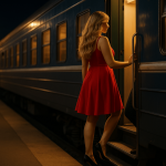 Frau im roten Kleid am Zug, Yoyeunismus, Ertosche Fantasie im Nachtzug-