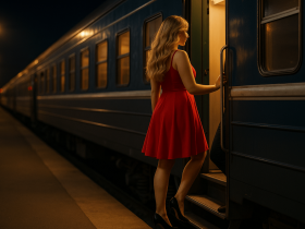 Frau im roten Kleid am Zug, Yoyeunismus, Ertosche Fantasie im Nachtzug-