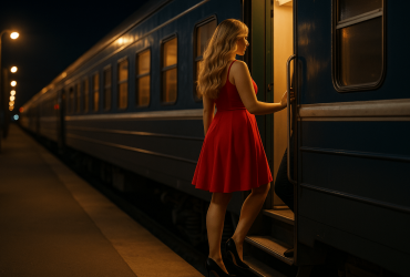 Frau im roten Kleid am Zug, Yoyeunismus, Ertosche Fantasie im Nachtzug-