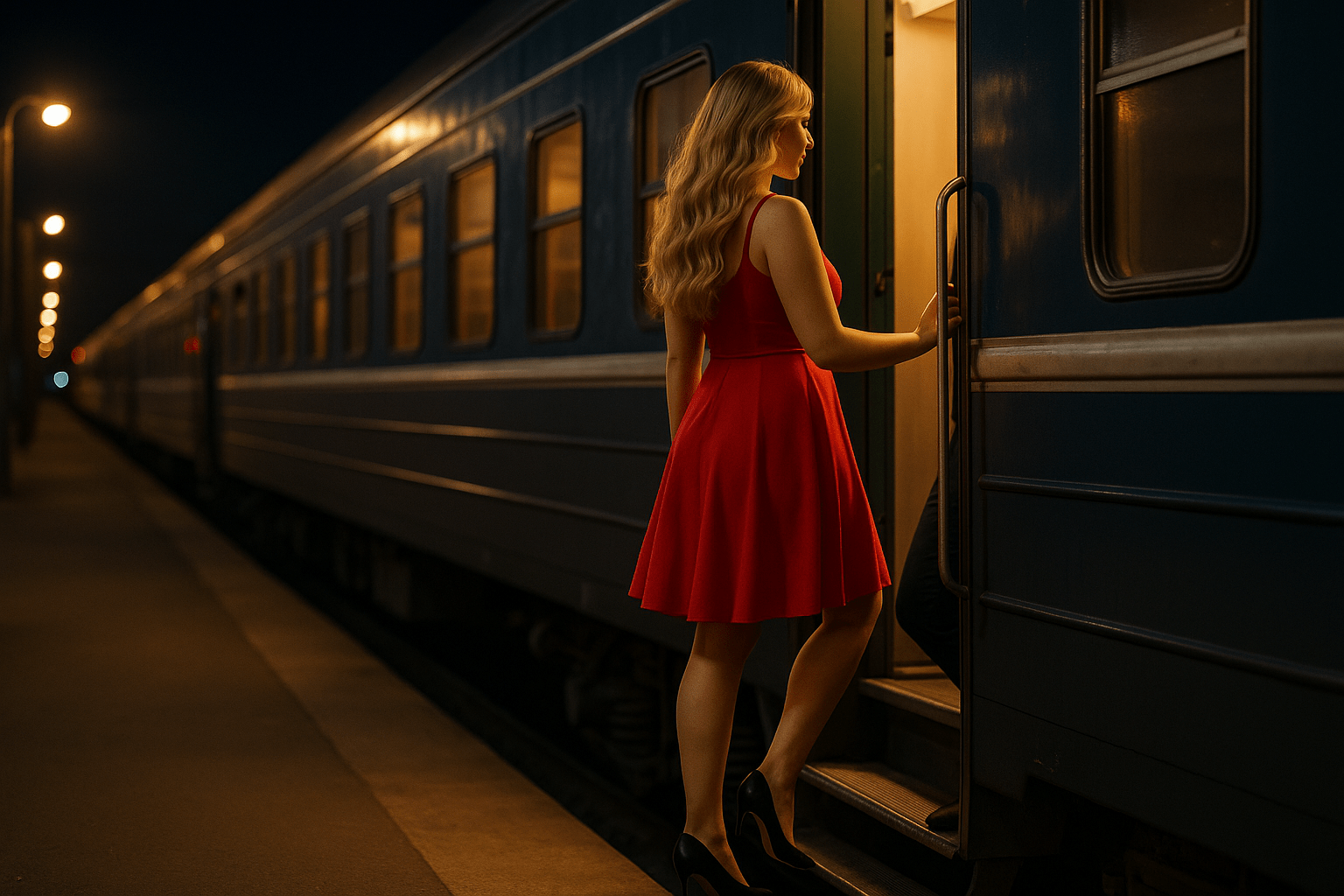 Frau im roten Kleid am Zug, Yoyeunismus, Ertosche Fantasie im Nachtzug-