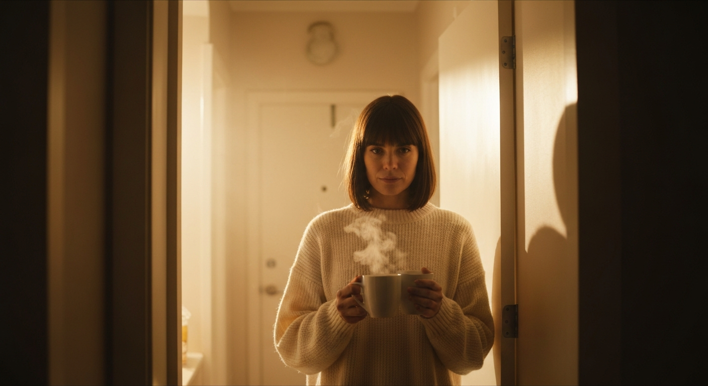 Cinematic photography of a woman in cozy sweater standing in apartment doorway holding two steaming tea mugs, warm golden lig