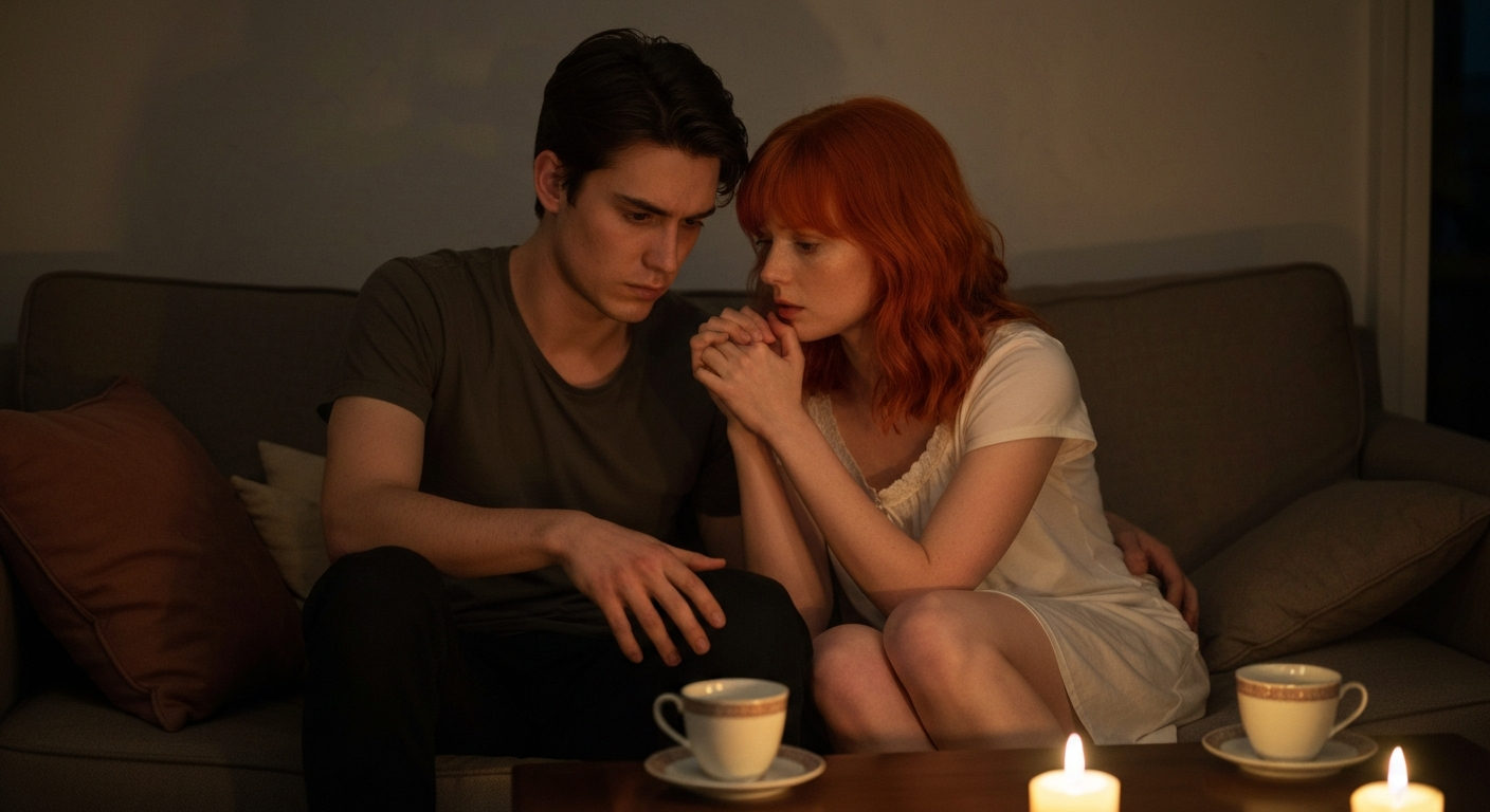 Atmospheric photo of two people sitting close together on a sofa with soft cushions, warm candlelight creating intimate shado