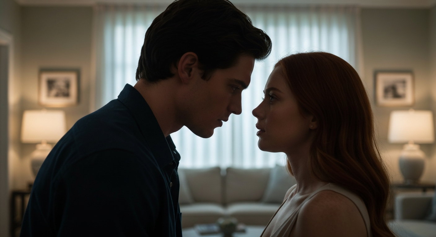 Suggestive cinematic shot of two people's silhouettes very close together in dimly lit living room, soft backlighting, romant