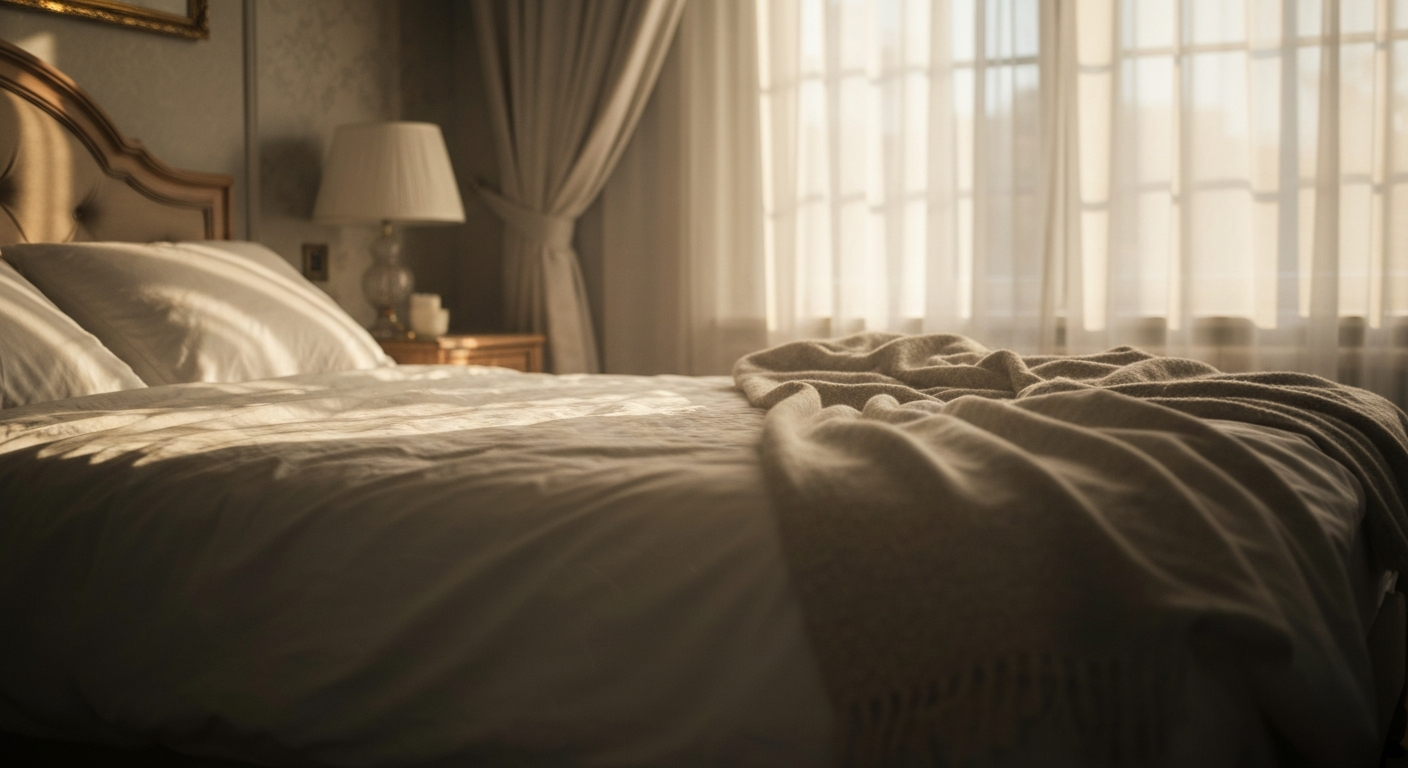Soft morning light filtering through sheer curtains onto rumpled bed sheets, peaceful bedroom atmosphere, golden hour lightin