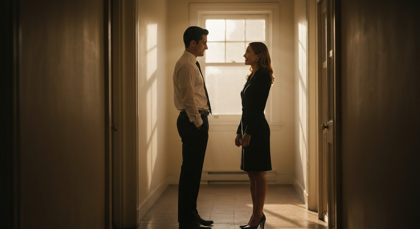 Cinematic photo of two people exchanging knowing glances in apartment building stairway, morning light through window, subtle
