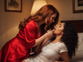 Verführerische Frau lehnt an Türrahmen und blickt intensiv – reale Sexgeschichte über Nachbarin