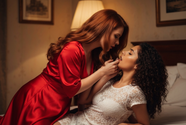 Verführerische Frau lehnt an Türrahmen und blickt intensiv – reale Sexgeschichte über Nachbarin