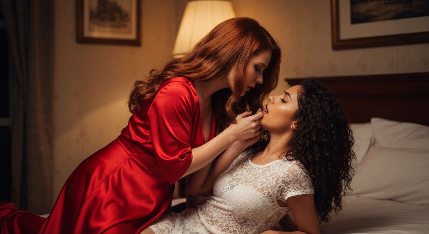 Verführerische Frau lehnt an Türrahmen und blickt intensiv – reale Sexgeschichte über Nachbarin