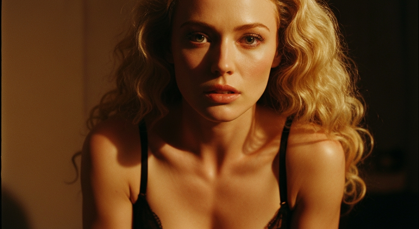 Cinematic 35mm film still of woman with long blonde curly hair, fair porcelain skin, athletic hourglass body type, wearing bl