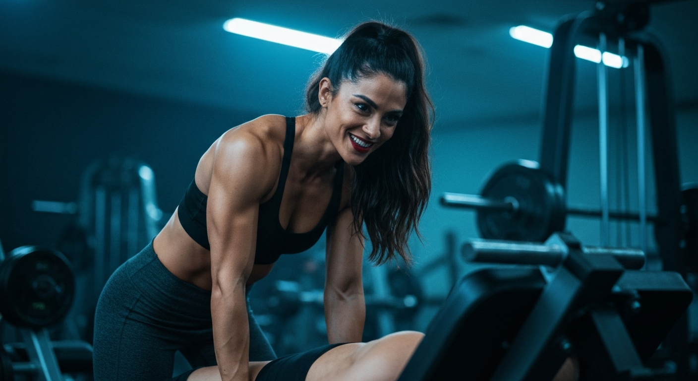 Cinematic 35mm film still of woman with long dark brown hair in a high ponytail, olive skin tone, athletic toned body with de