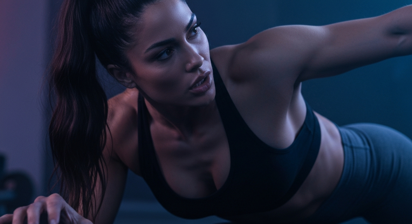 Cinematic 35mm film still of woman with long dark brown hair in a high ponytail, olive skin tone, athletic toned body with de