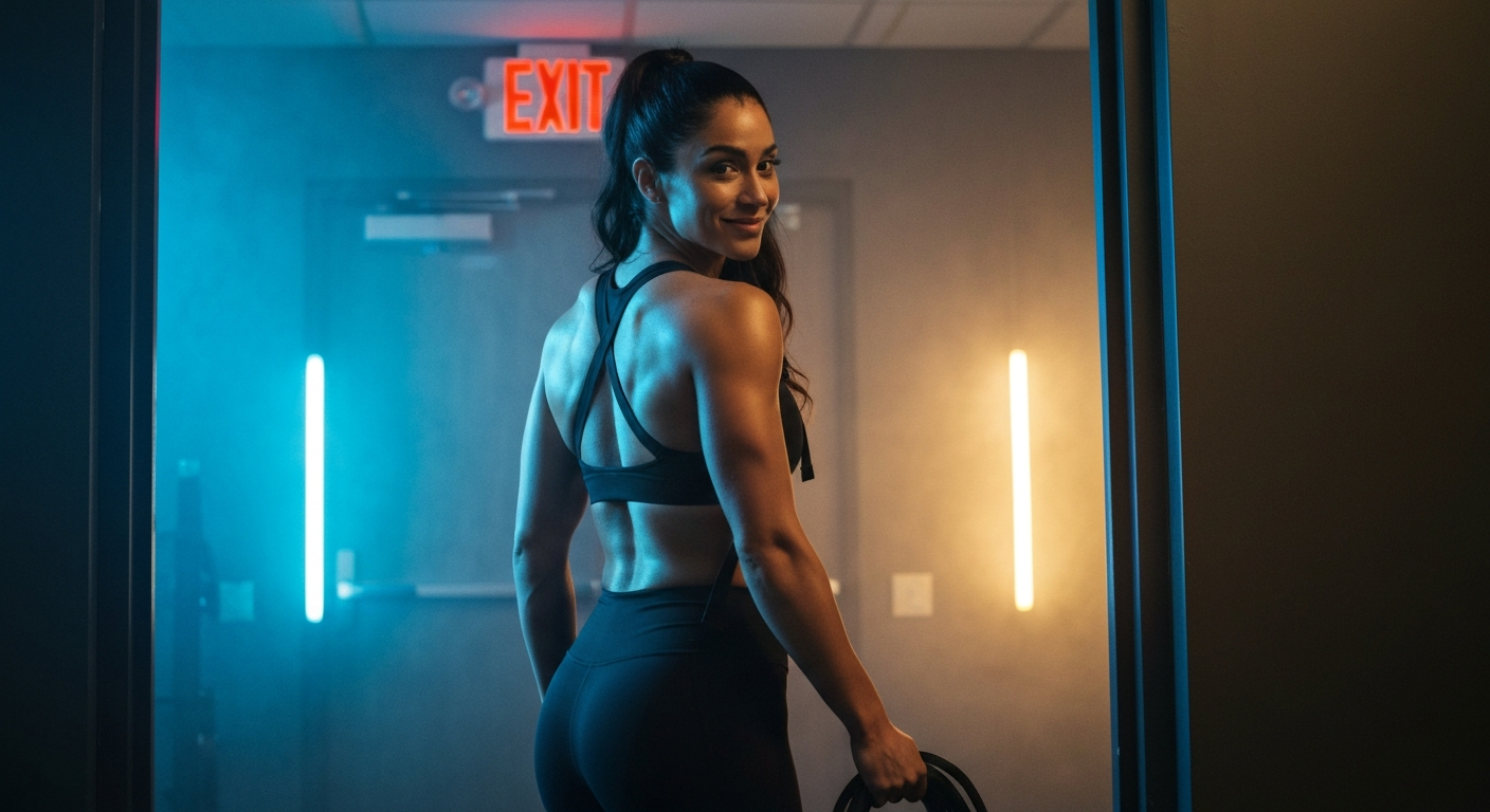 Cinematic 35mm film still of woman with long dark brown hair in a high ponytail, olive skin tone, athletic toned body with de