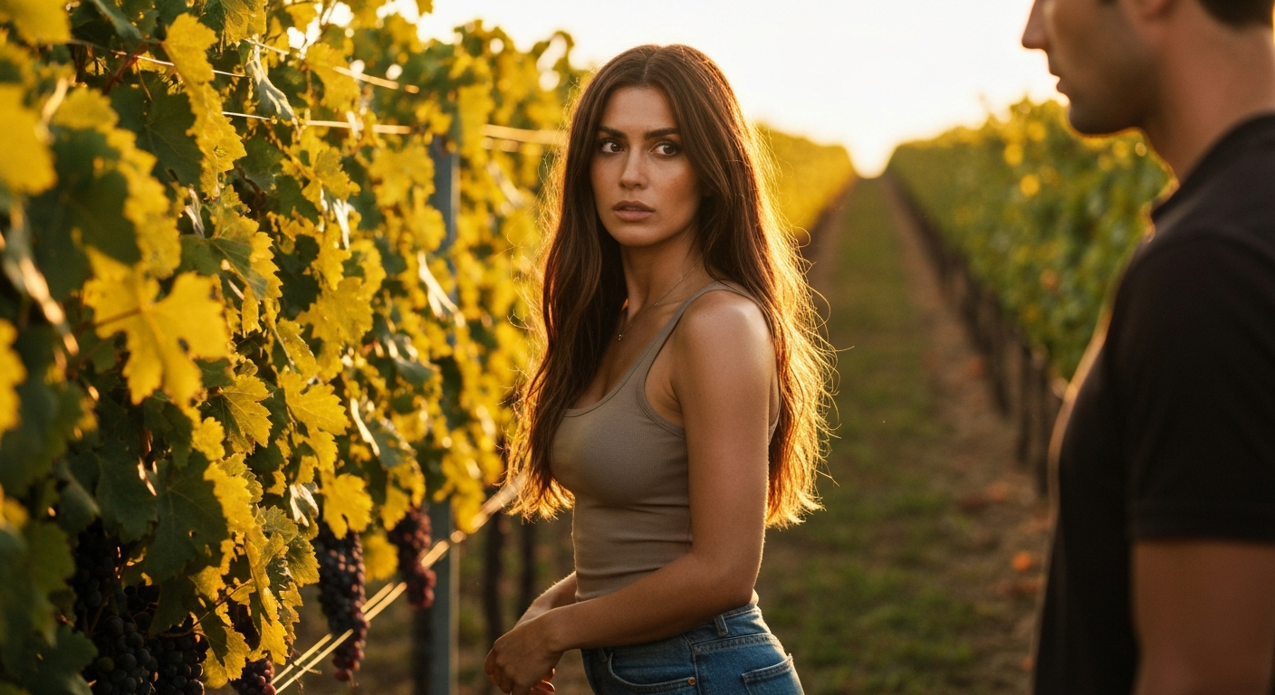 Cinematic 35mm film still of woman with long chestnut brown hair falling past shoulders, olive Mediterranean skin tone, athle