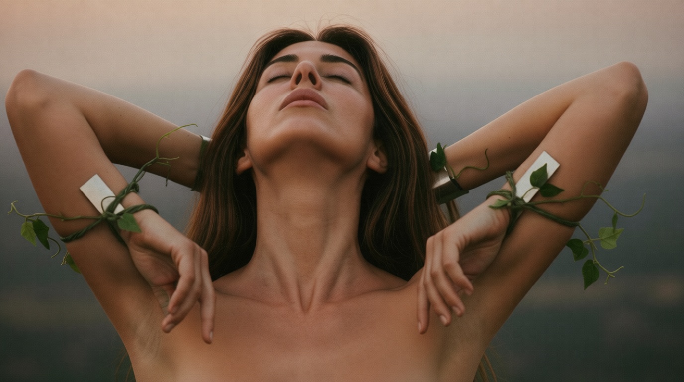 Cinematic 35mm film still close-up of woman with long chestnut brown hair falling past shoulders, olive Mediterranean skin to