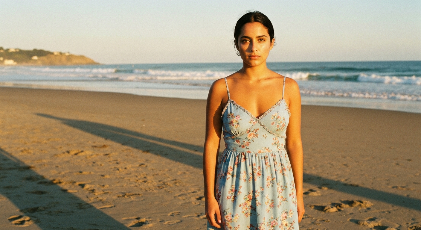 Cinematic 35mm film still of woman with long dark wavy hair, olive Mediterranean skin tone, athletic slim body with toned sho