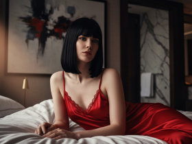 Frau liegt gefesselt am verlassenen Sandstrand während die Abendsonne ihre Haut wärmt