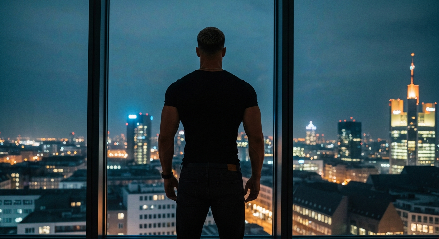 Cinematic 35mm film still of man with short dark blonde hair, athletic muscular build, tan skin, wearing dark jeans and fitte