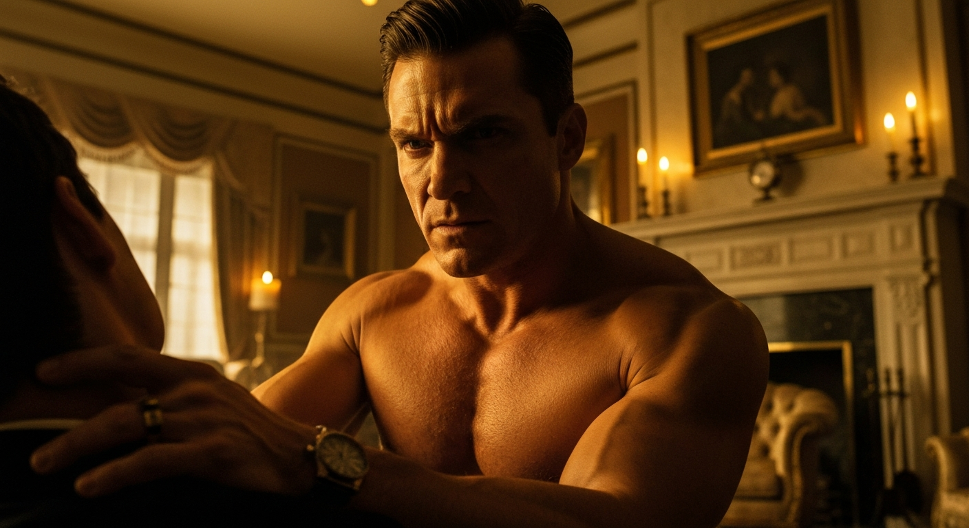 Cinematic 35mm film still close-up of man with short dark blonde hair, athletic muscular build, tan skin, shirtless, hand gen