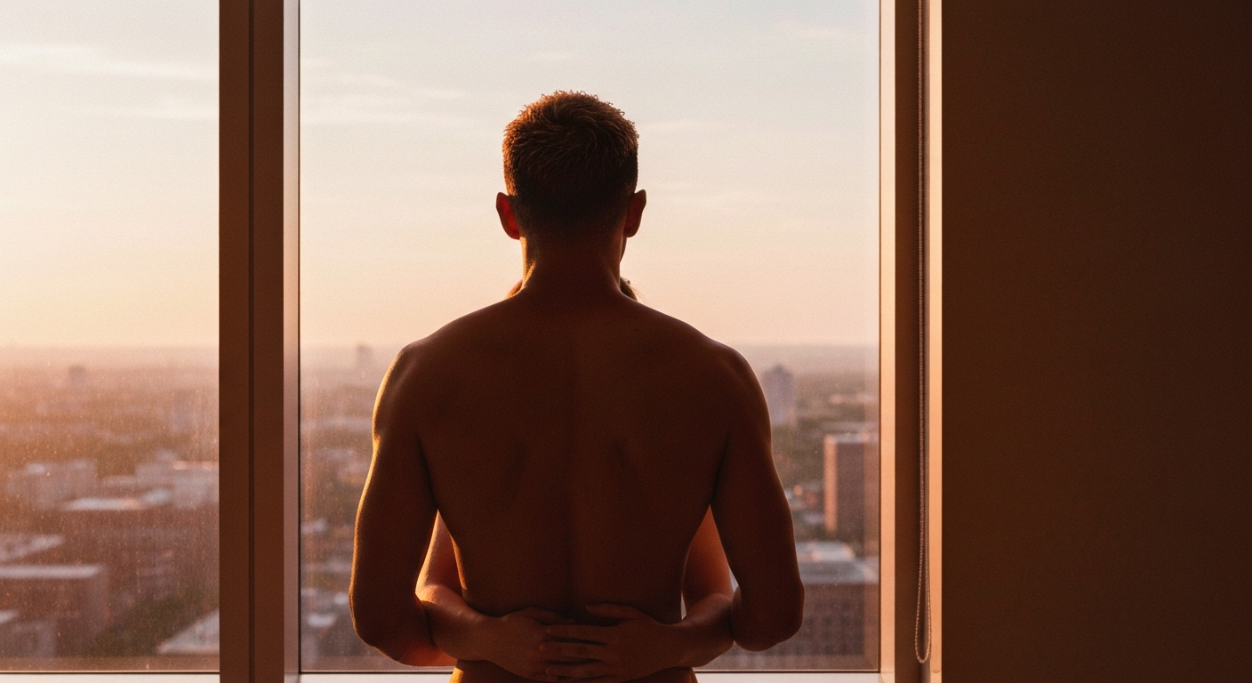 Cinematic 35mm film still of man with short dark blonde hair, athletic muscular build, tan skin, completely naked viewed from