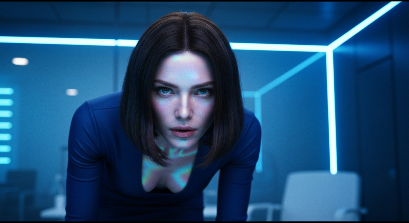 Cinematic 35mm film still of woman with shoulder-length dark brown hair, porcelain skin, athletic hourglass figure in tight-f