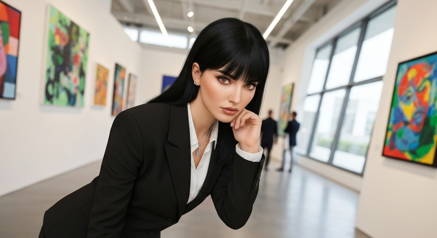 Cinematic 35mm film still over-shoulder perspective of woman with shoulder-length dark brown hair, porcelain skin, athletic h