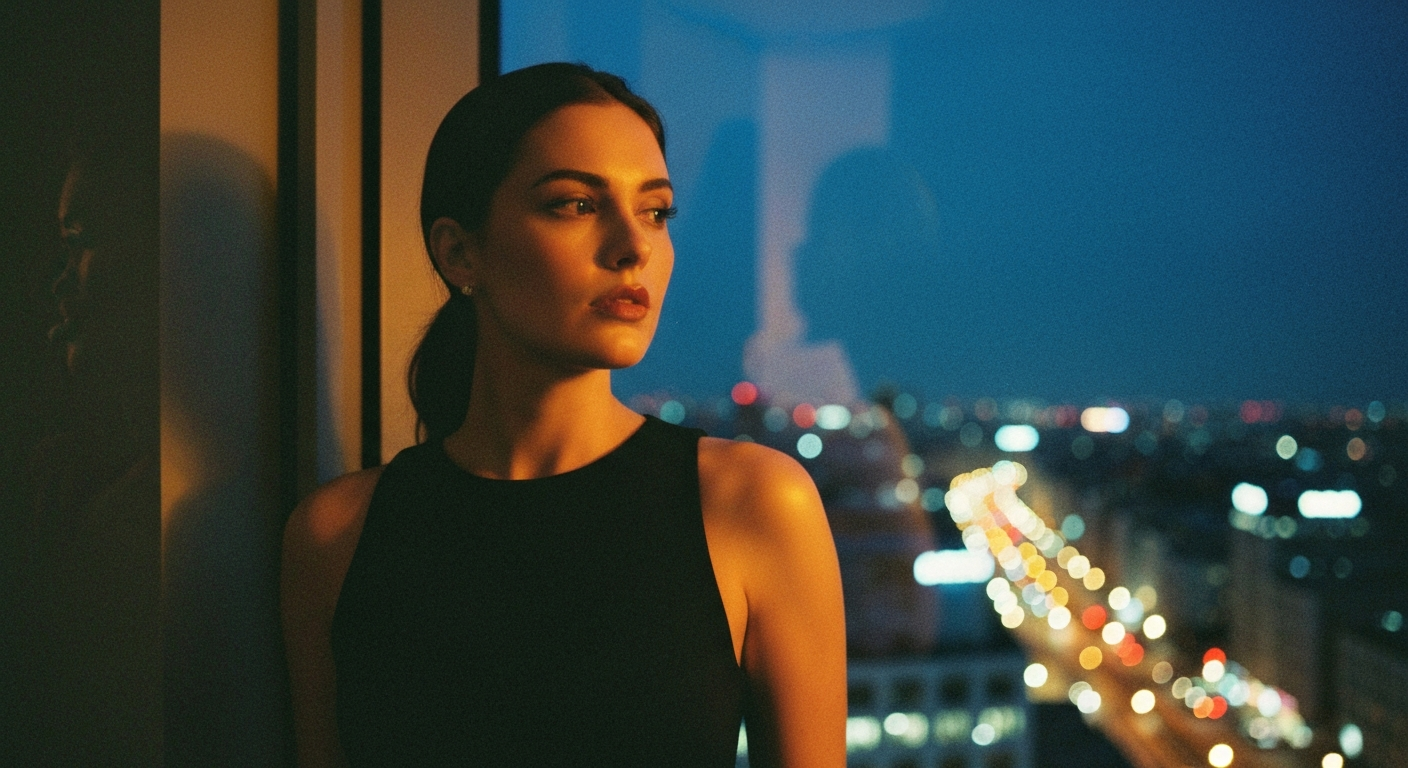 Cinematic 35mm film still medium shot of woman with shoulder-length dark brown hair, porcelain skin, athletic hourglass figur