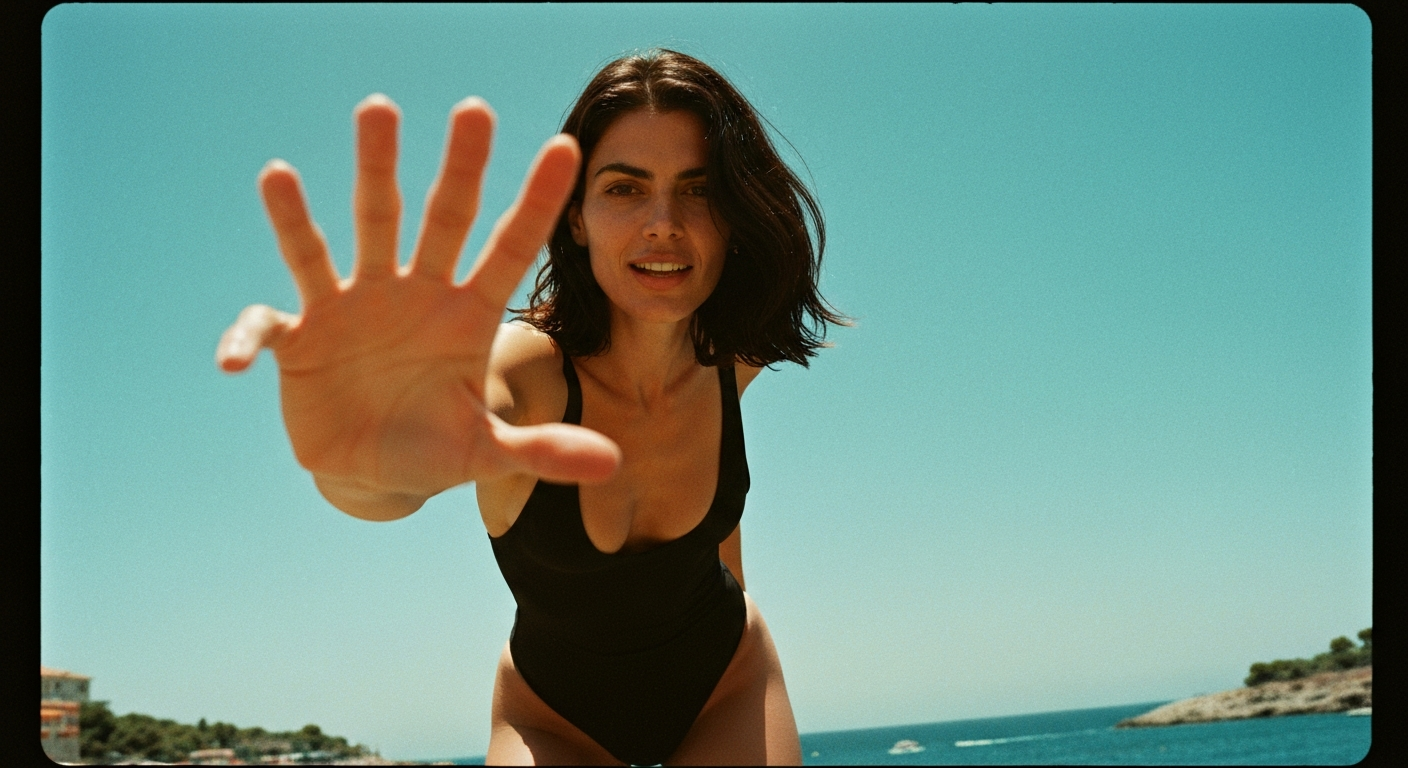 Cinematic 35mm film still low angle shot of woman with shoulder-length dark brown hair, olive Mediterranean skin tone, athlet