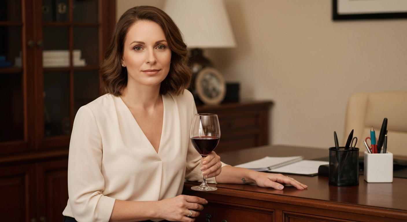 Professional photo of a beautiful woman in cream-colored blouse leaning against wooden desk holding wine glass in home office