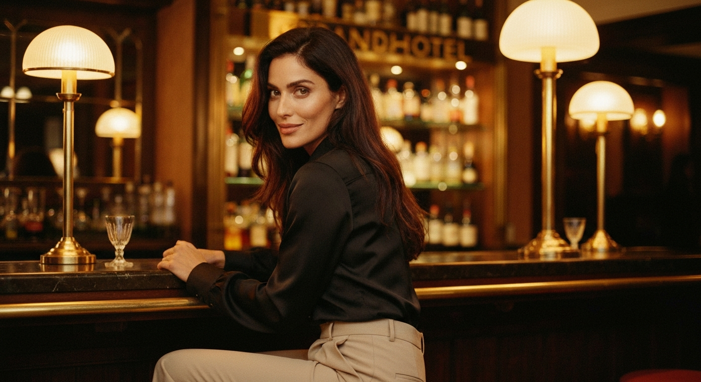 Cinematic 35mm film still of woman with long dark chestnut hair falling over shoulders, olive Mediterranean skin tone, slim e
