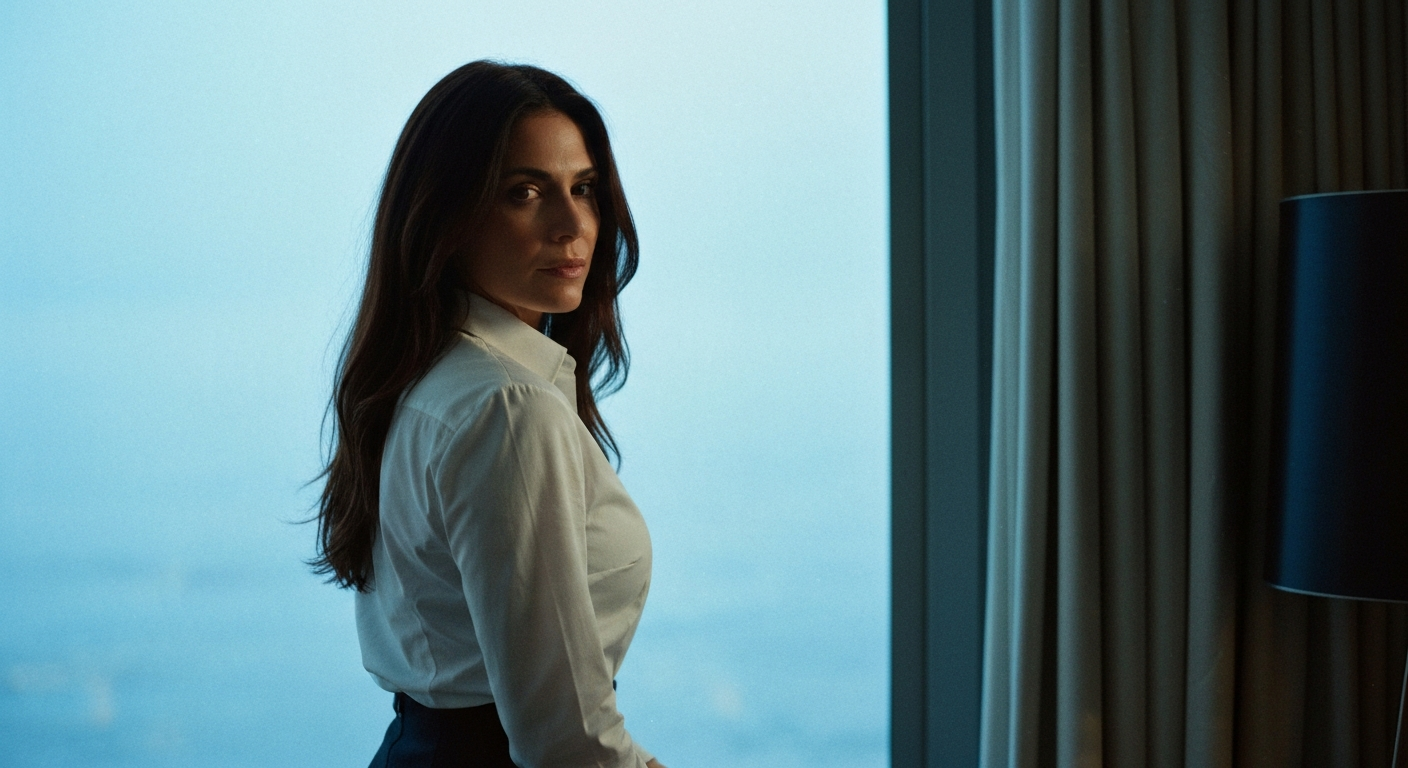 Cinematic 35mm film still medium shot of woman with long dark chestnut hair falling over shoulders, olive Mediterranean skin 