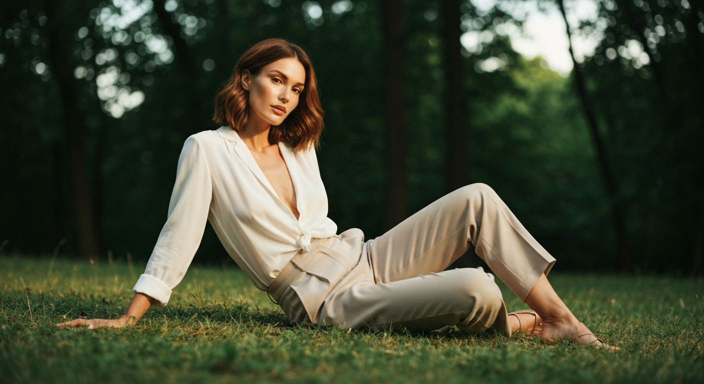 Cinematic 35mm film still of woman with shoulder-length chestnut brown hair with subtle waves, porcelain skin with warm under