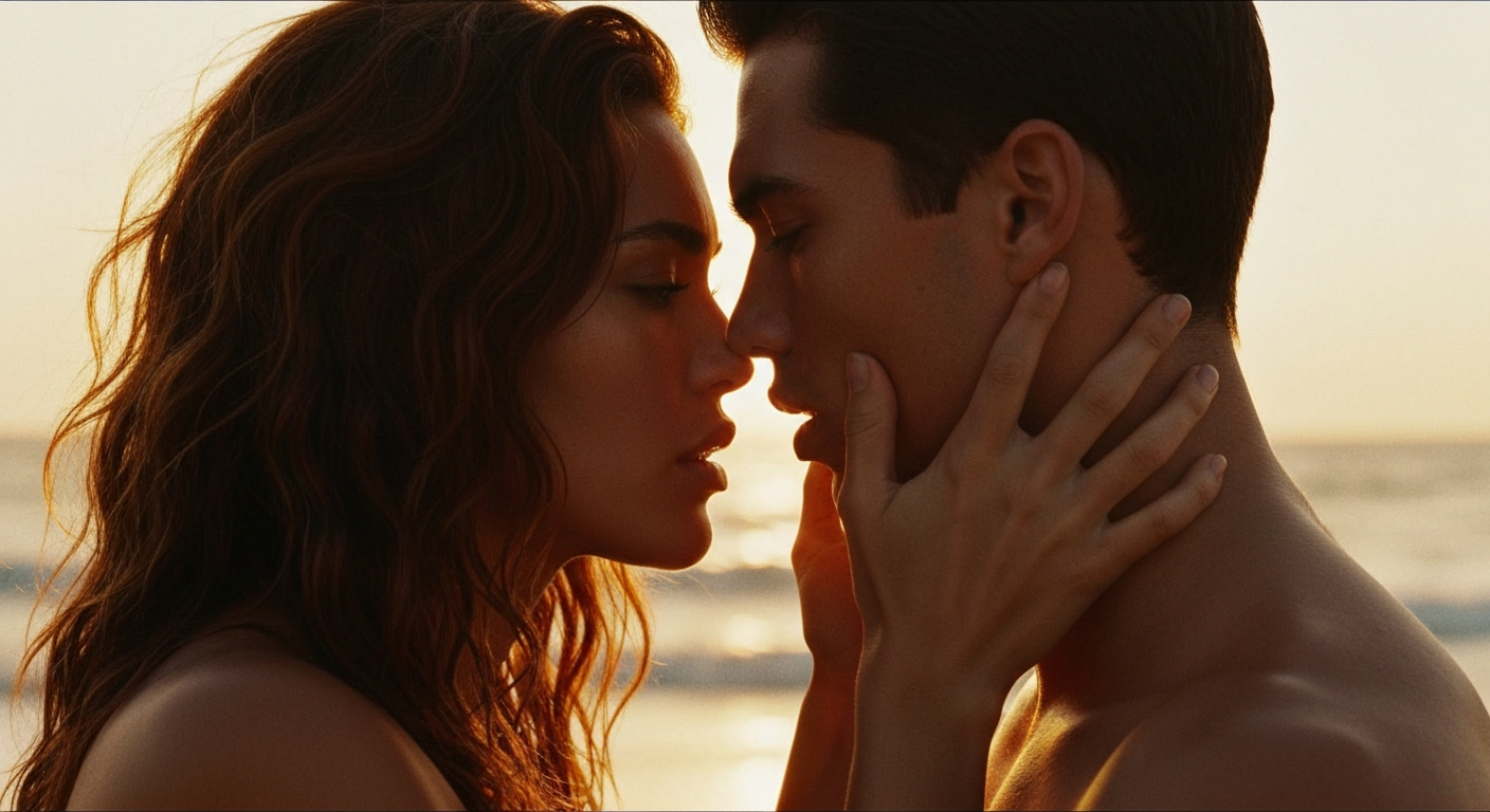 Cinematic 35mm film still close-up of woman with long wavy auburn hair past shoulders, olive skin tone, athletic curvy body t