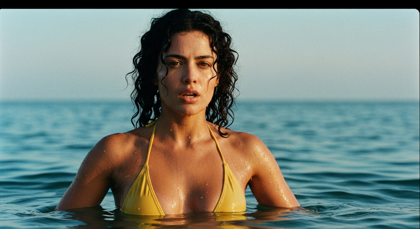 Cinematic 35mm film still of woman with wild dark curly shoulder-length hair, sun-tanned olive skin, slim athletic body in we