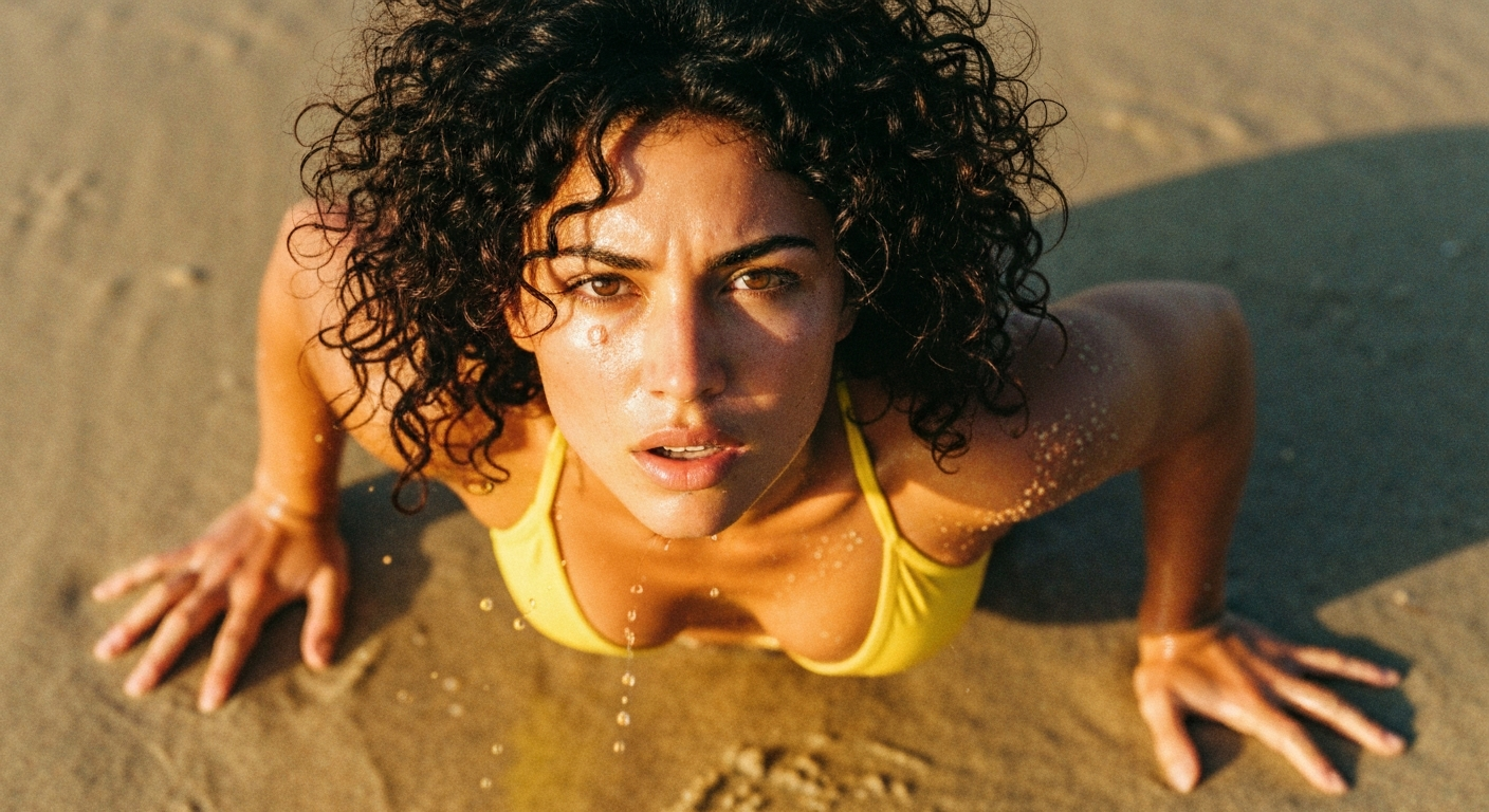 Cinematic 35mm film still of woman with wild dark curly shoulder-length hair, sun-tanned olive skin, slim athletic body in ye