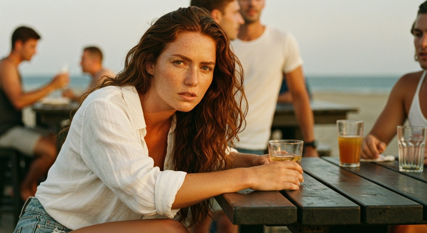 Cinematic 35mm film still of woman with long wavy auburn hair, fair skin with freckles, athletic slim body wearing white line