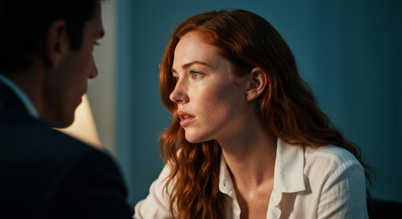 Cinematic 35mm film still of woman with long wavy auburn hair, fair skin with freckles, athletic slim body in white linen shi