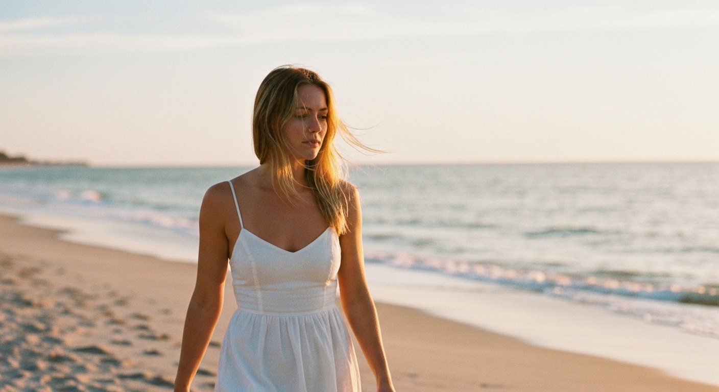 Cinematic 35mm film still of woman with shoulder-length wavy reddish-brown hair, fair skin with freckles, athletic hourglass 