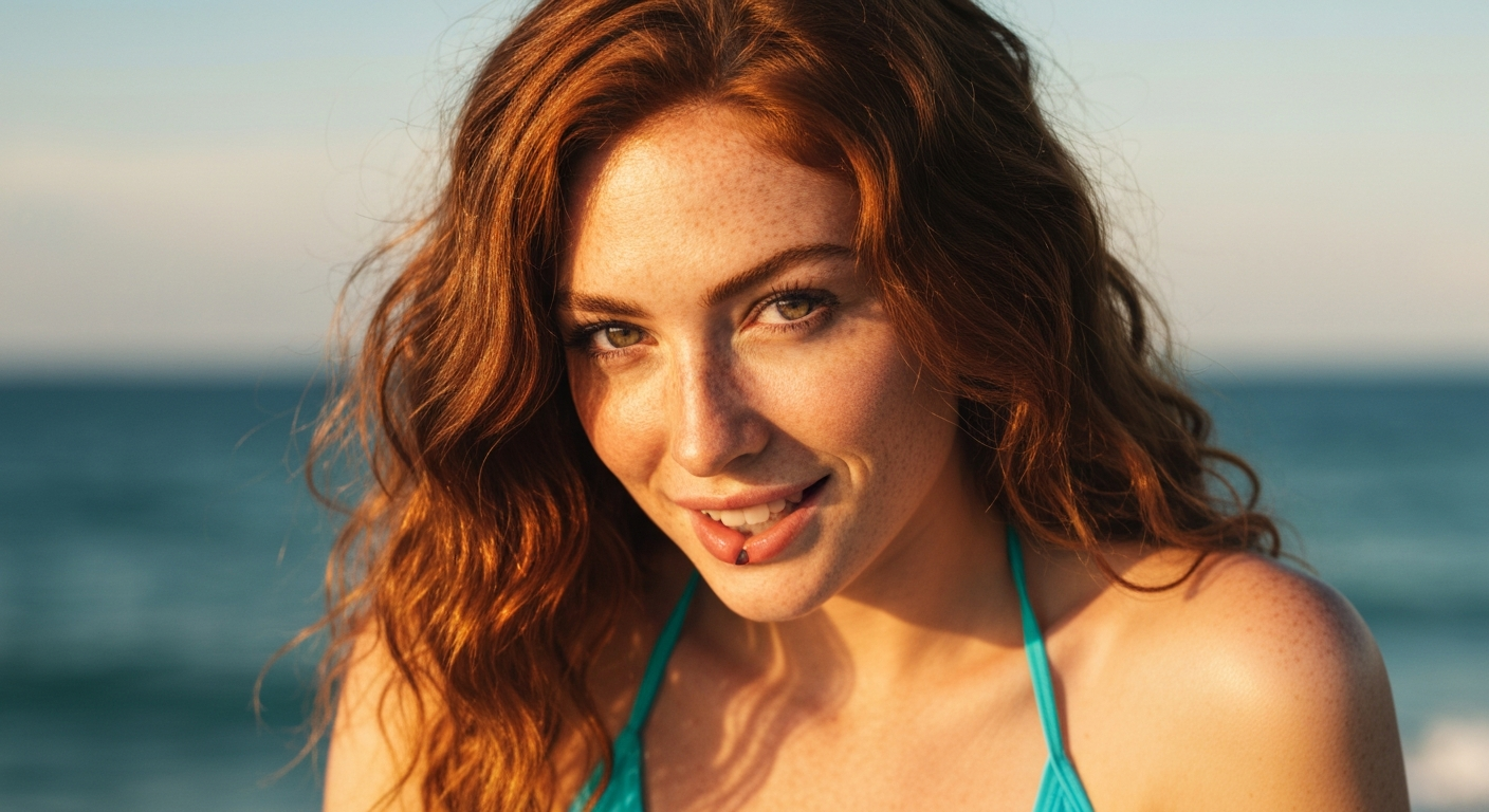 Cinematic 35mm film still close-up of woman with shoulder-length wavy reddish-brown hair, fair skin with freckles, athletic h