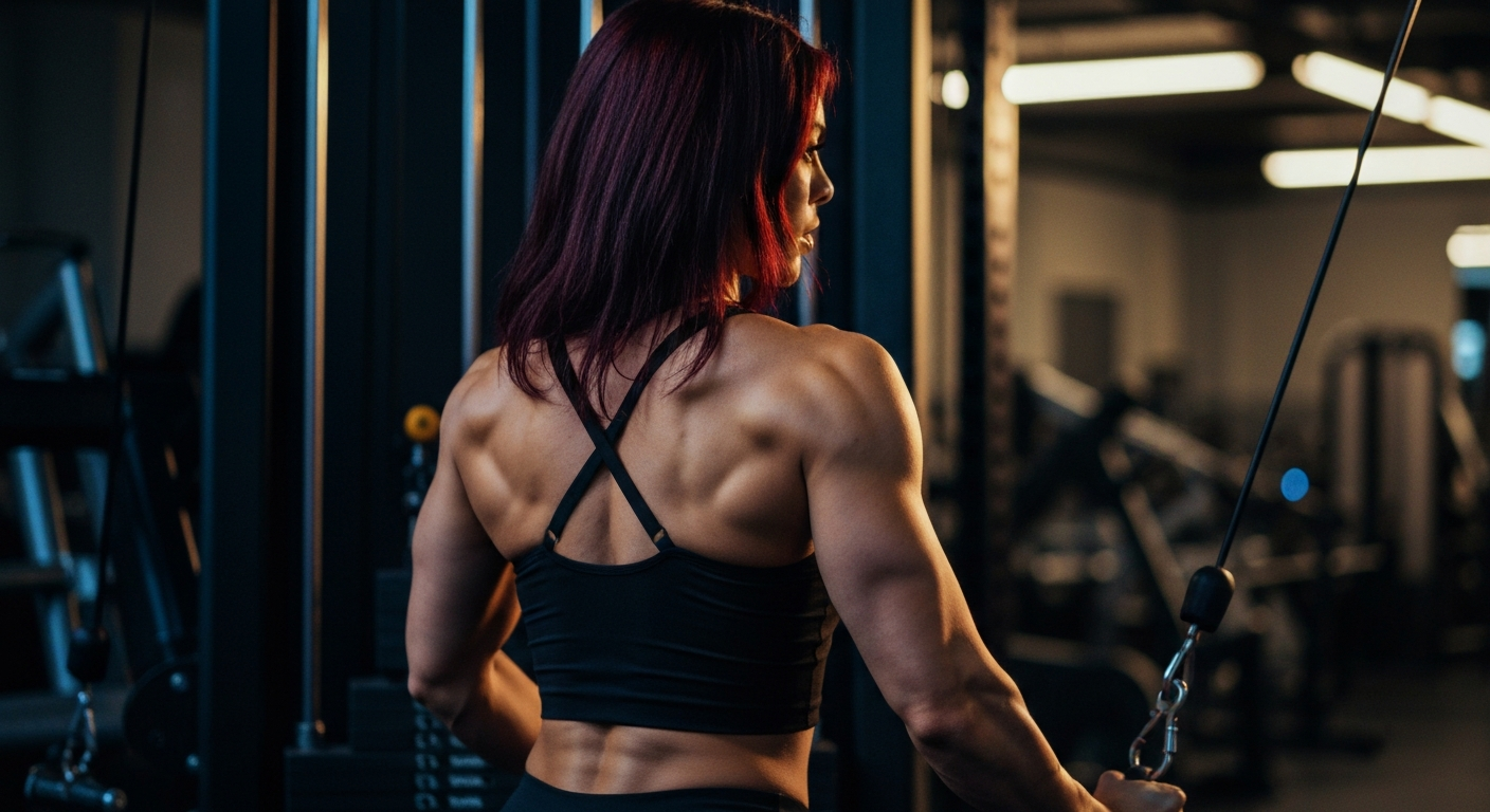 Cinematic 35mm film still of woman with long dark red hair, athletic toned body, olive skin tone, defined shoulders and arms 