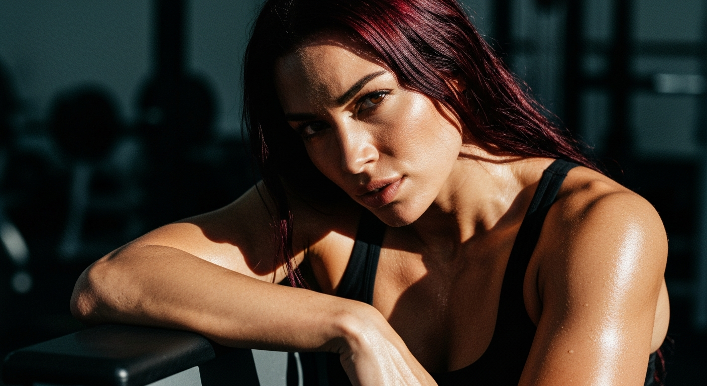 Cinematic 35mm film still close-up of woman with long dark red hair, athletic toned body, olive skin tone, defined shoulders 