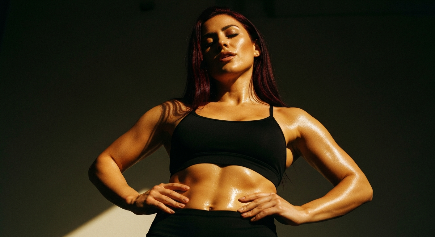 Cinematic 35mm film still low angle shot of woman with long dark red hair, athletic toned body, olive skin tone, defined shou