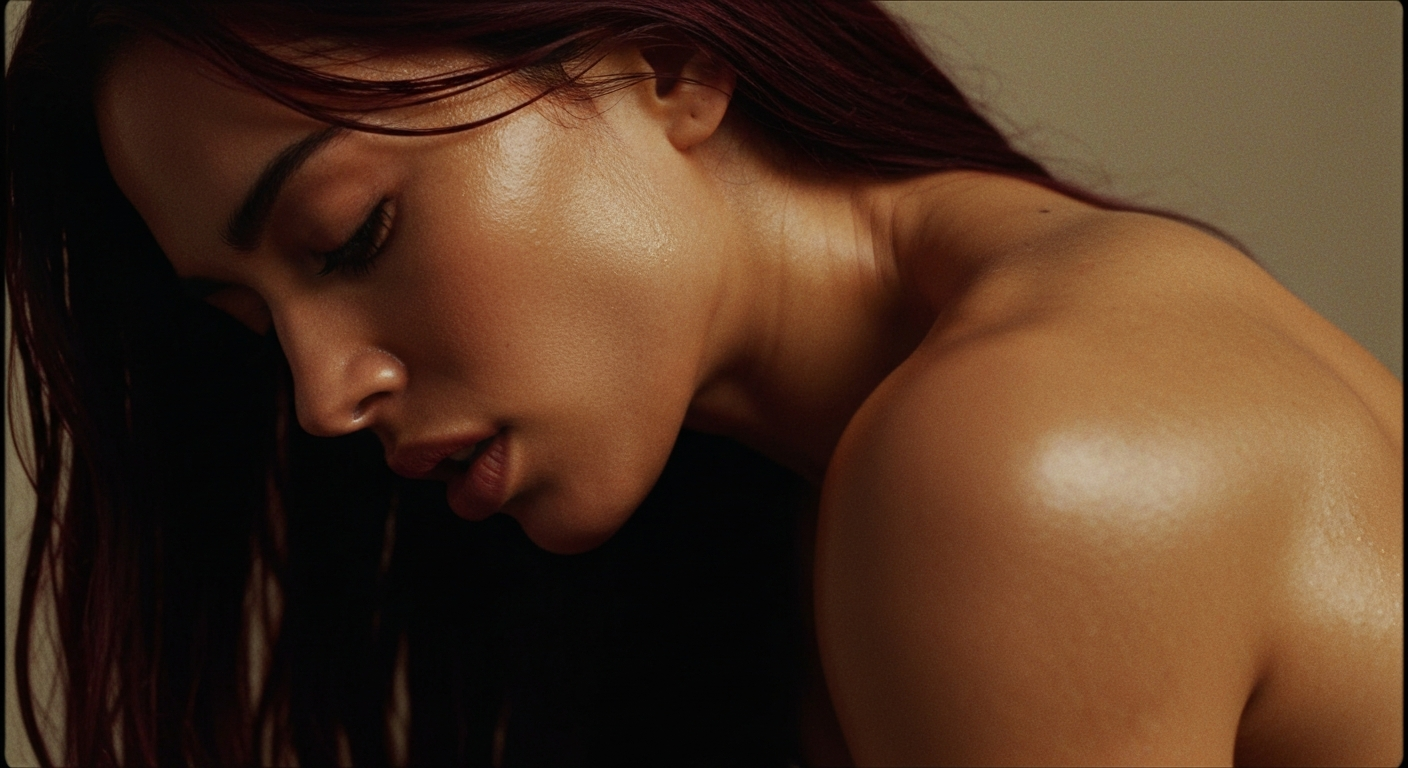 Cinematic 35mm film still extreme close-up of woman with long dark red hair, athletic toned body, olive skin tone, defined sh