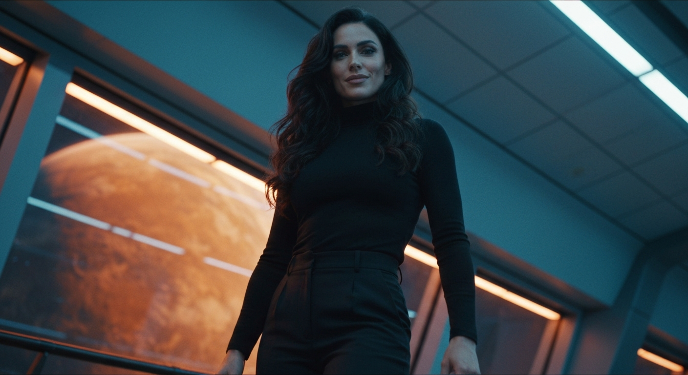 Cinematic 35mm film still of woman with long dark wavy hair cascading past shoulders, olive Mediterranean skin tone, athletic