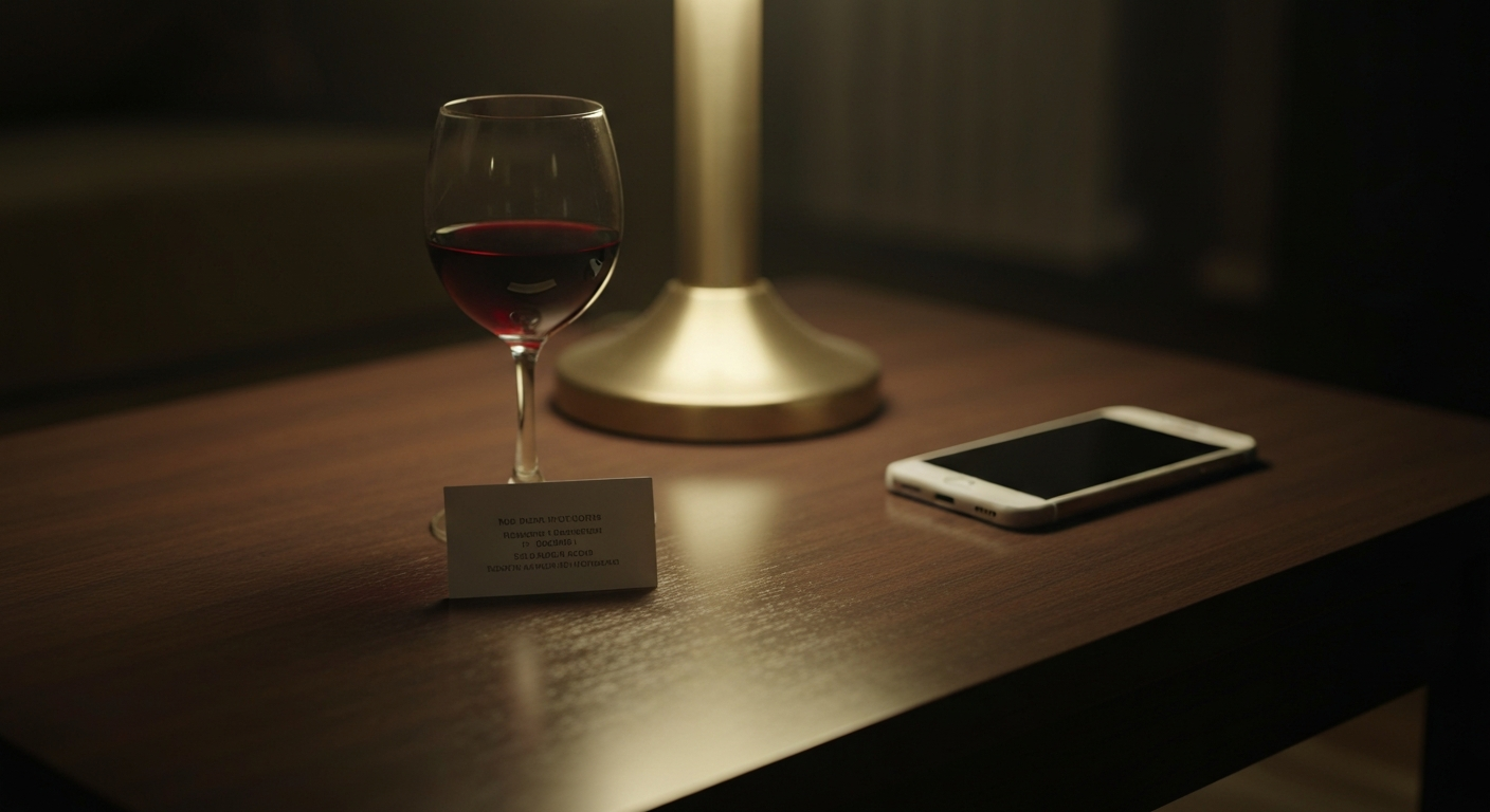 Cinematic photo of a business card lying on a modern coffee table next to an untouched glass of red wine and a smartphone, so