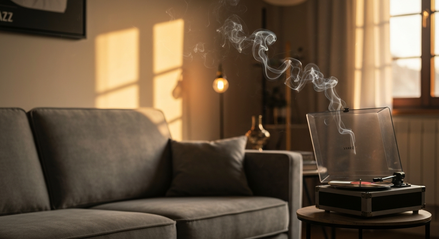 Cinematic photo of an elegantly furnished apartment interior with soft ambient lighting, stylish sofa in foreground, jazz rec