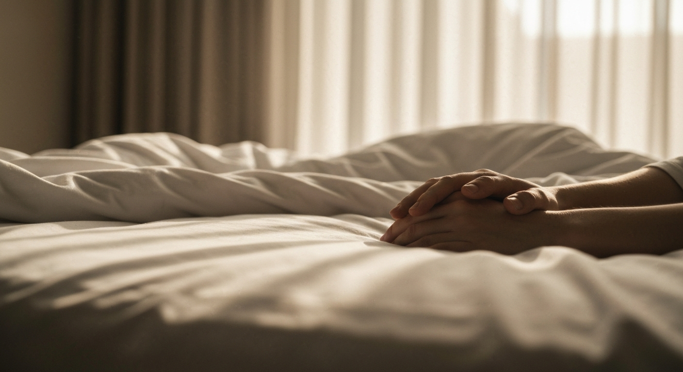 Cinematic photo of rumpled white bed sheets in soft morning light filtering through sheer curtains, peaceful and tender atmos