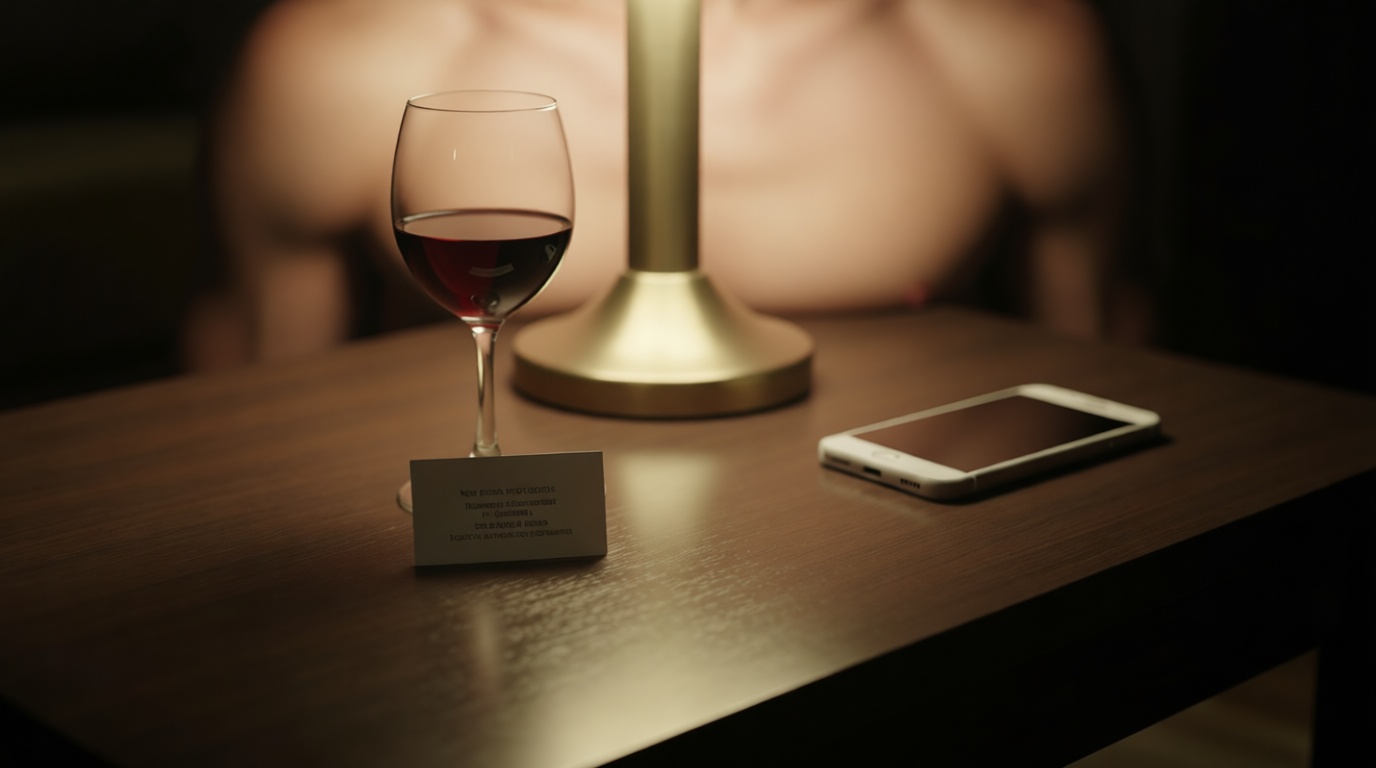 Cinematic photo of a business card lying on a modern coffee table next to an untouched glass of red wine and a smartphone, so
