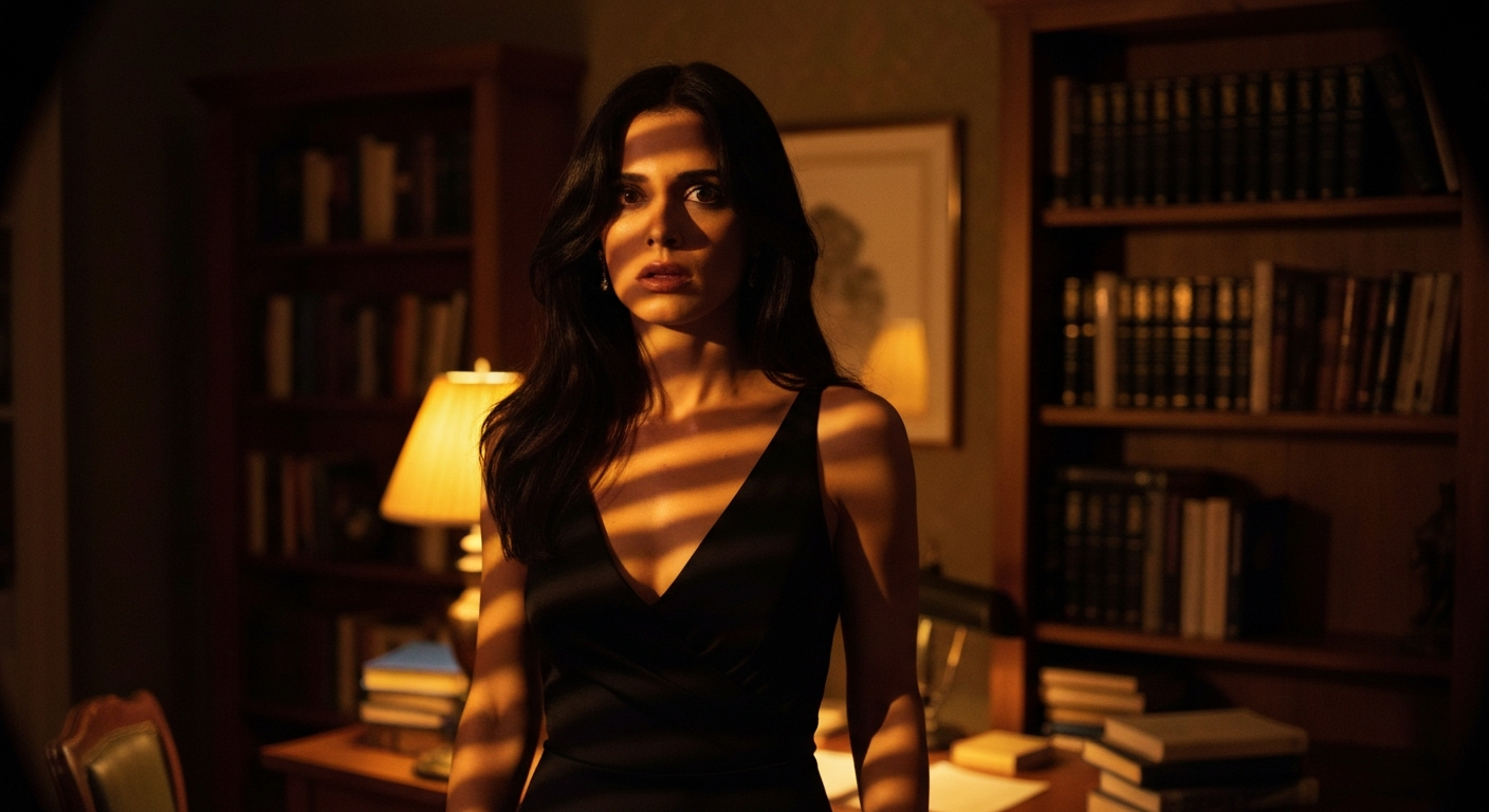 Cinematic 35mm film still of woman with long dark brown hair falling past shoulders, olive Mediterranean skin tone, slim athl