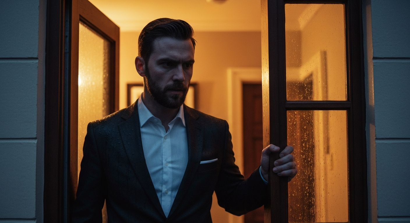 Cinematic photography of a professional man in an elegant dark suit standing in a dimly lit apartment doorway, rain droplets 