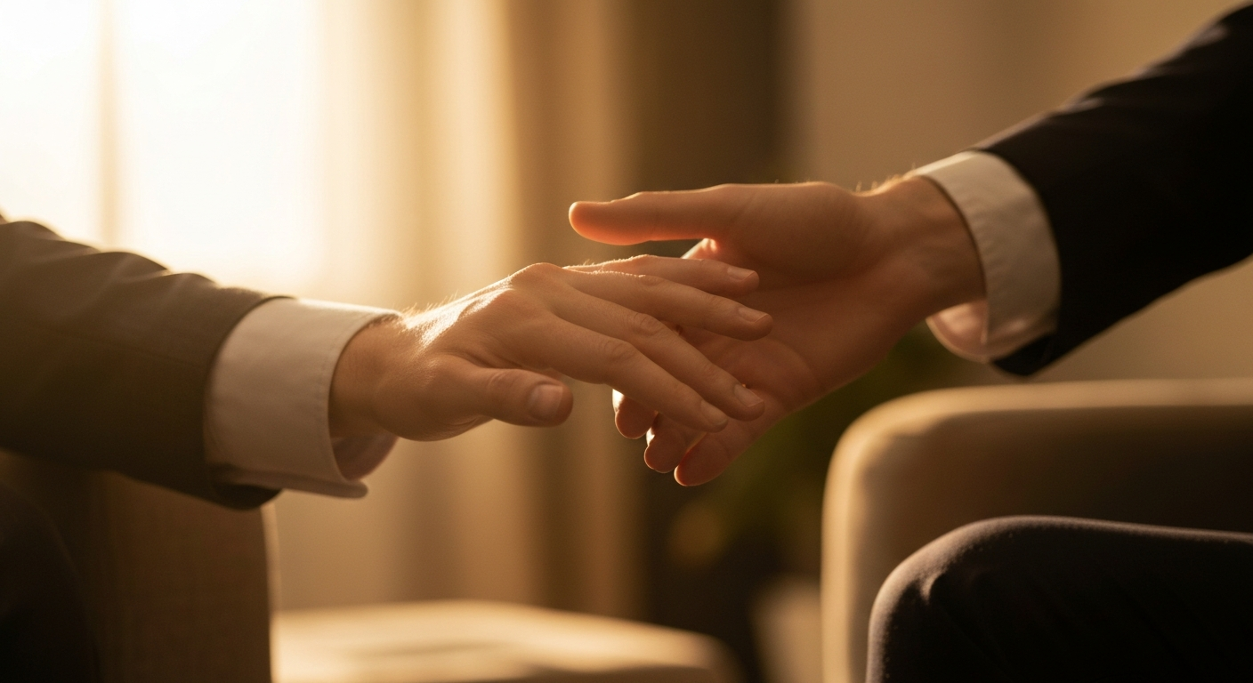 Cinematic close-up photography of two people's hands reaching toward each other in soft golden lighting, business shirt sleev